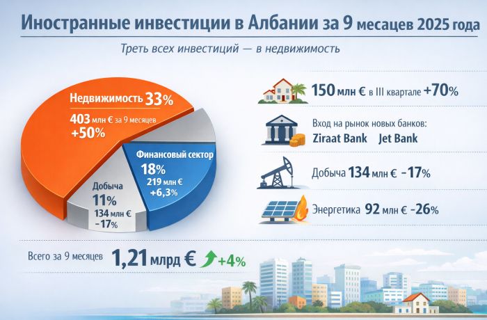 Треть иностранных инвестиций в Албании в январе-сентябре 2025 года пришлась на жилье